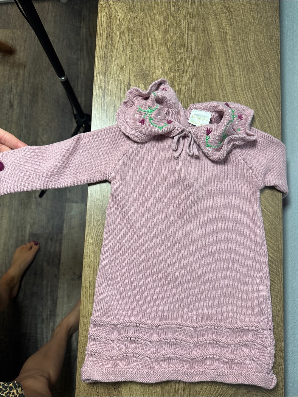 Embroidered Ruffle Collar Knit Dress - Pink